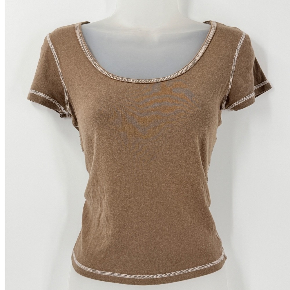 John Galt Brandy Melville Brown Contrast Stitch Short Sleeve baby Tee Shirt OS